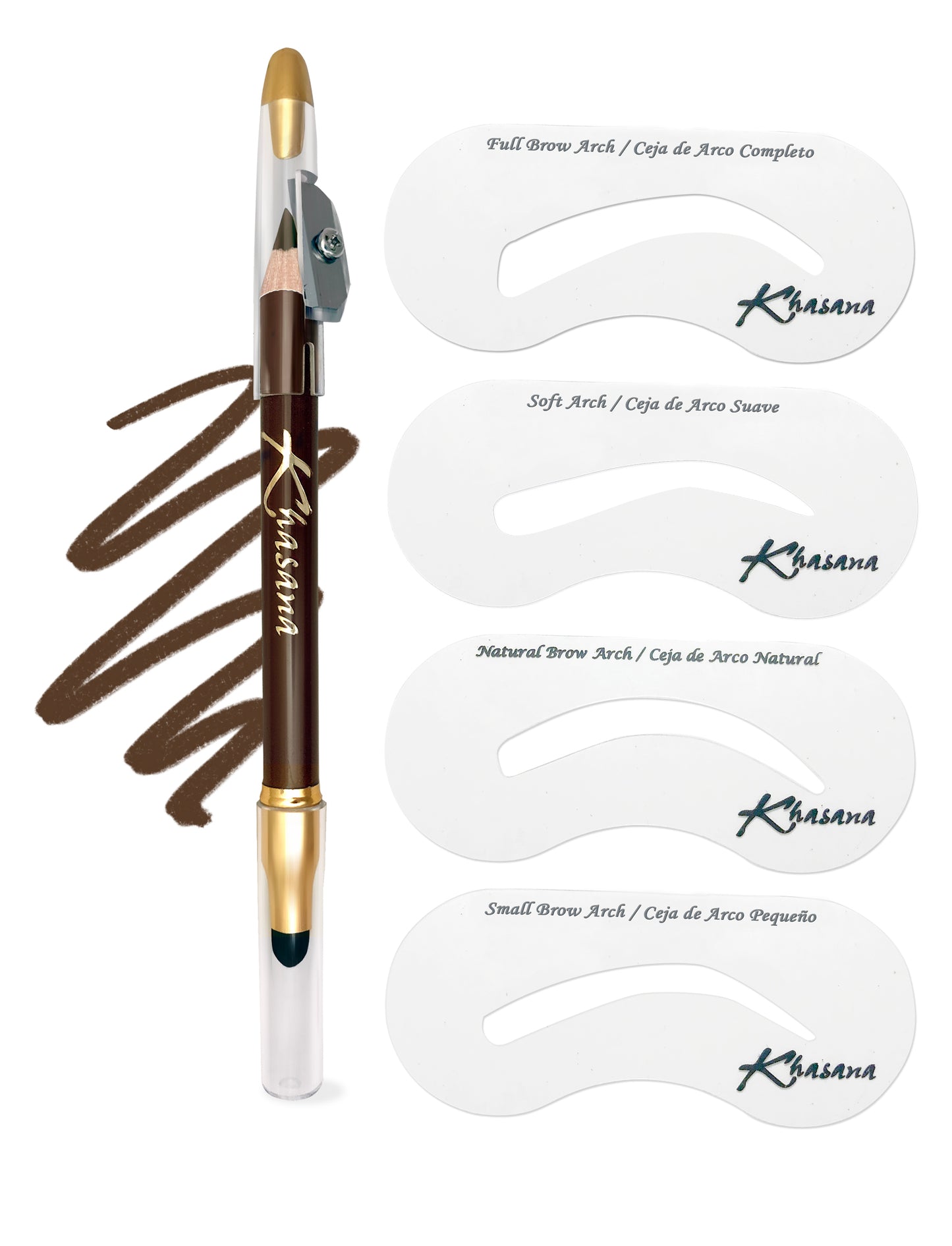 "Khasana Brow Stencil Kit: A complete brow shaping kit featuring five stencils for precise shaping and defining." Brown
