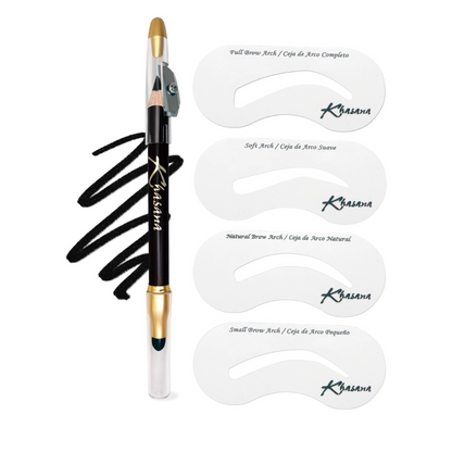 "Khasana Brow Stencil Kit: A complete brow shaping kit featuring five stencils for precise shaping and defining." Black