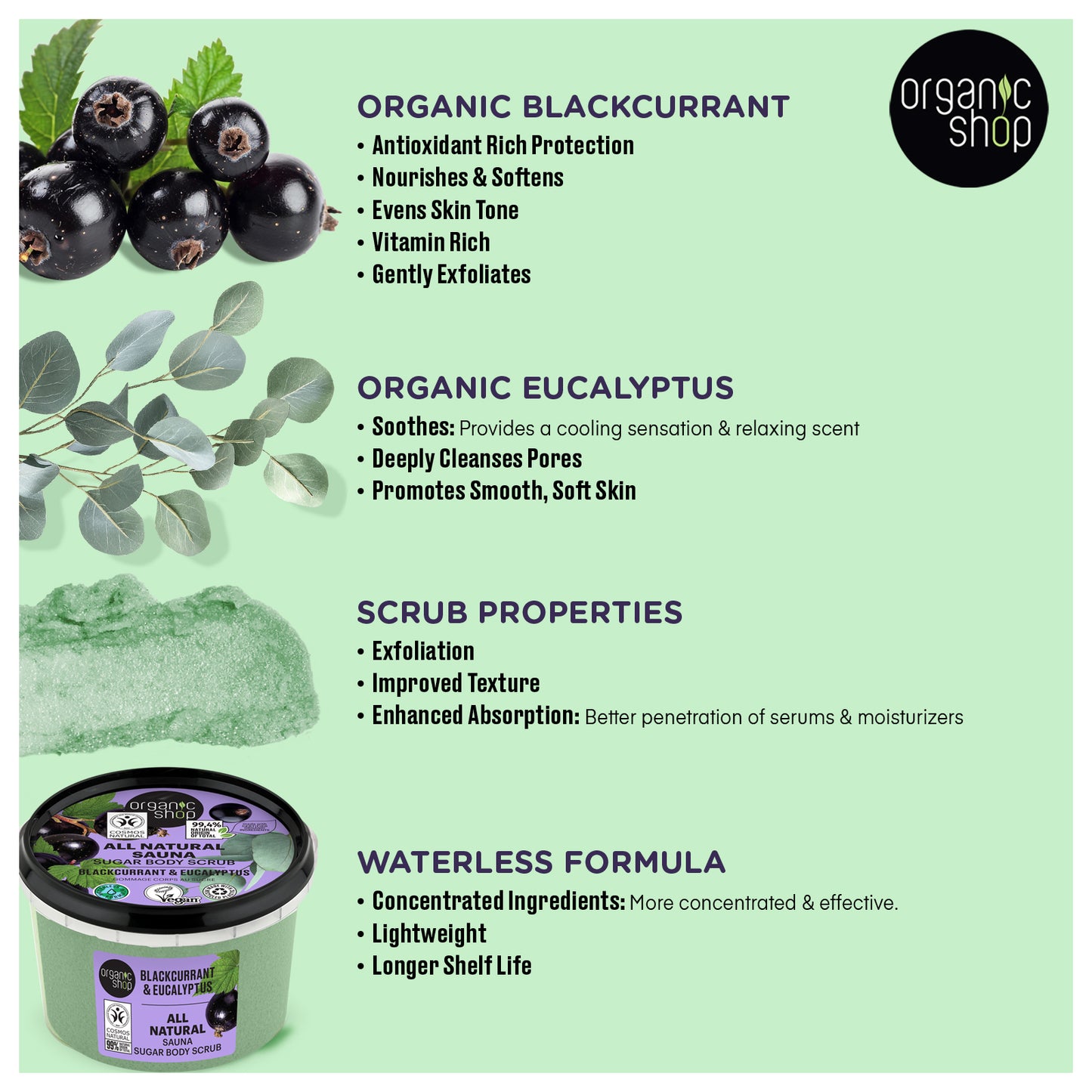 Organic Shop Eucalyptus & Blackcurrant, Sugar Softening & Exfoliating Body Scrub