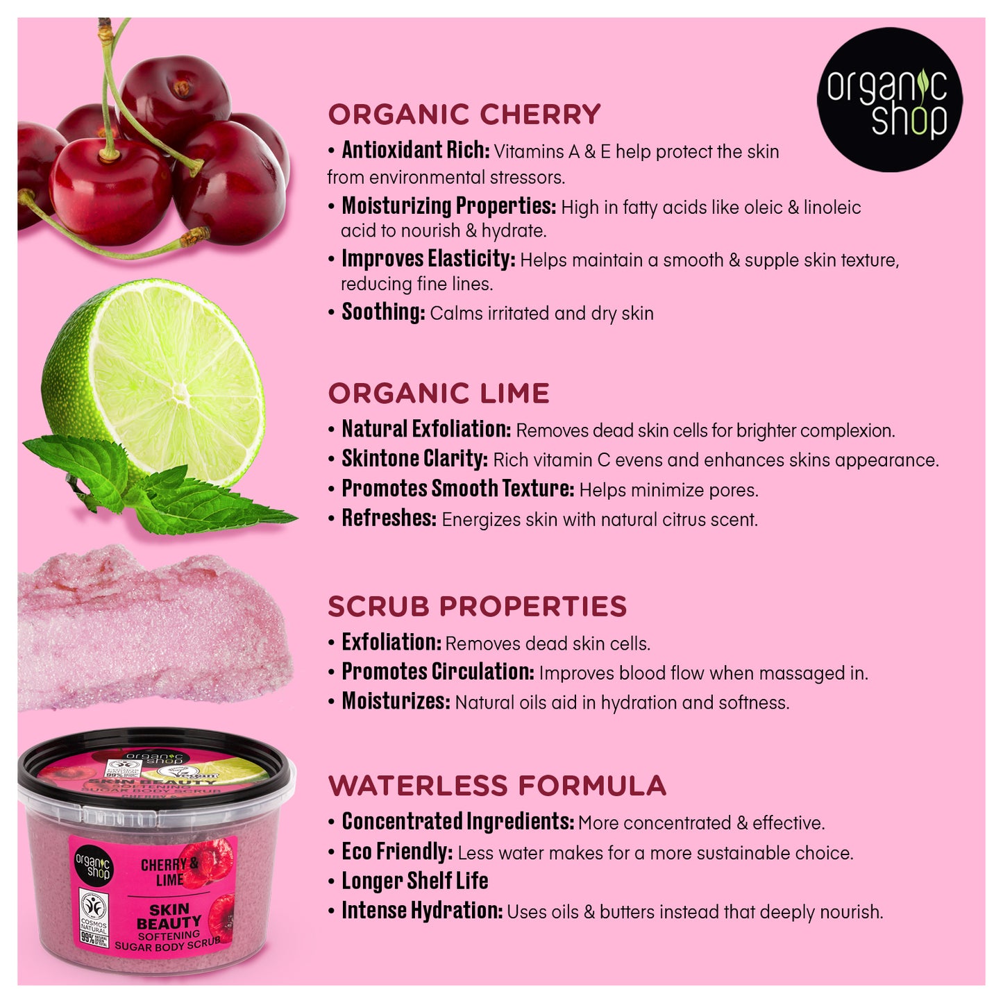 Organic Shop Cherry & Lime, Sugar Softening & Exfoliating Body Scrub. Pack of 2