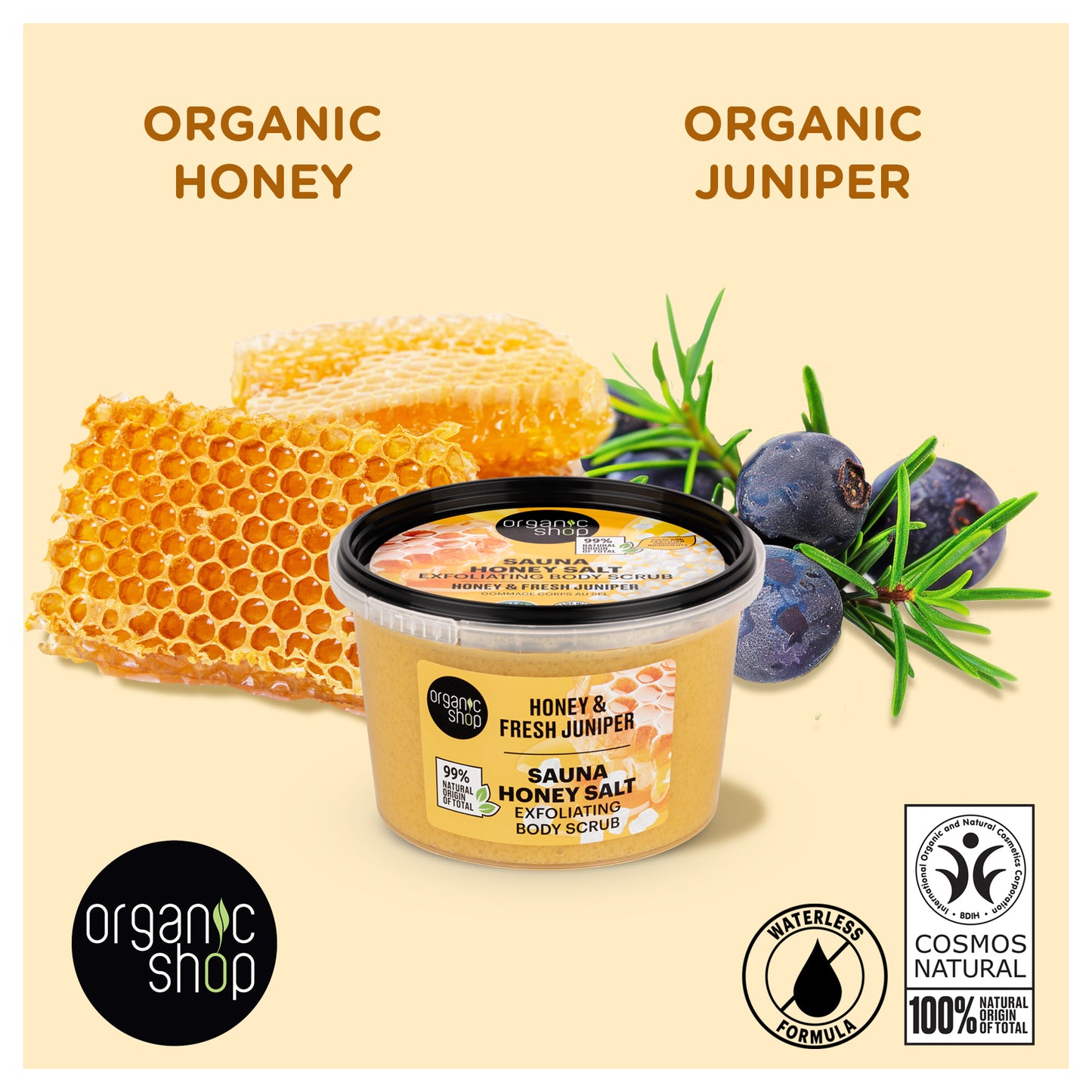 Organic Shop Honey Salt & Juniper Hydrating & Exfoliating Body Scrub. Pack of 2