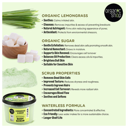 Organic Shop Lemongrass & Sugar, Refining & Exfoliating Body Scrub. Pack of 2