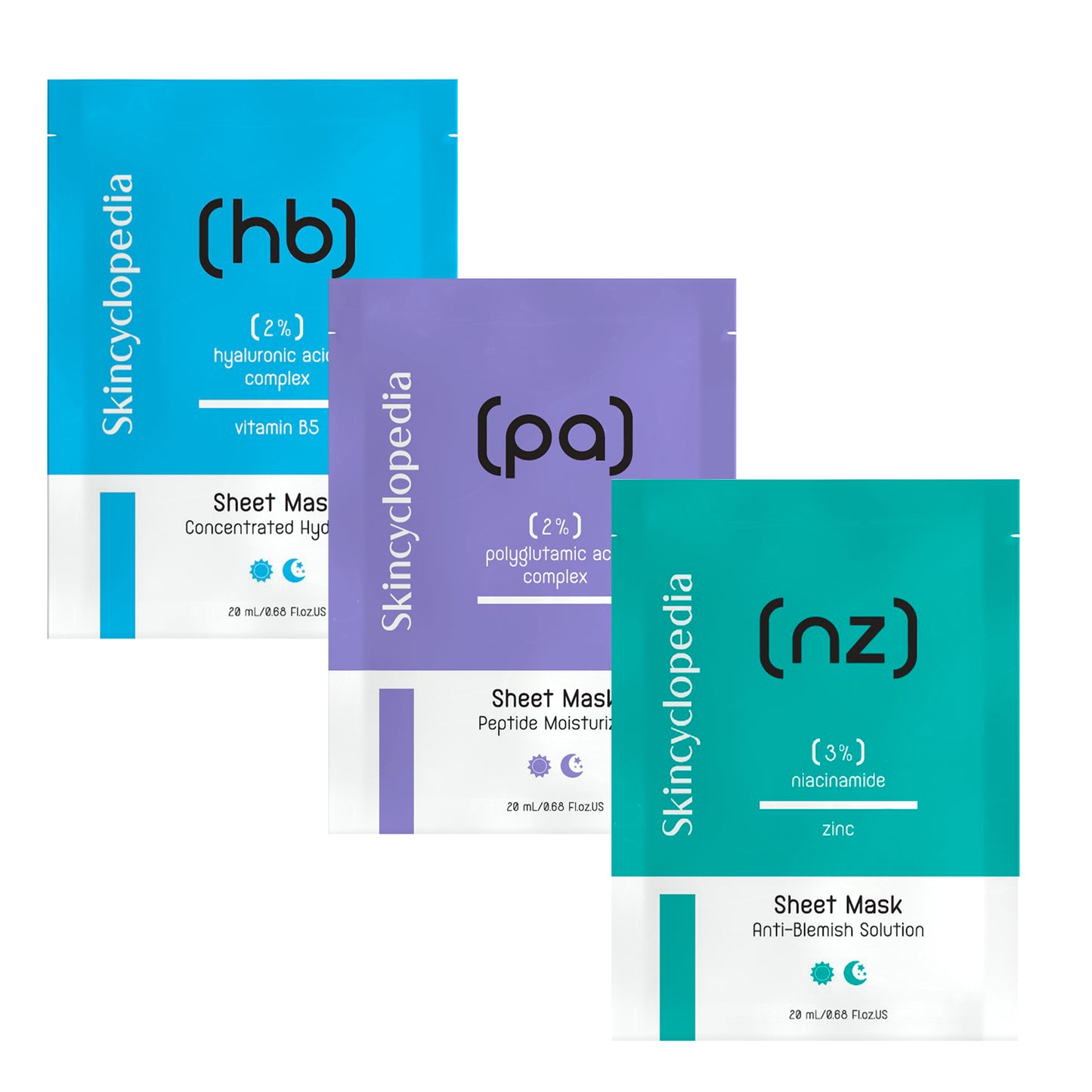 Skincyclopedia Sheet Mask packaging with Hyaluronic Acid, Peptides, and Niacinamide-Zinc.